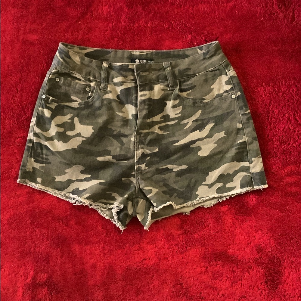 Potili high waisted frayed camo denim shorts